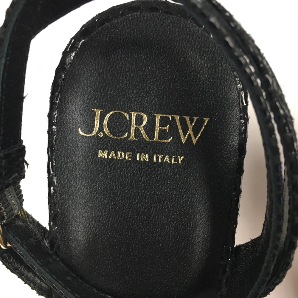 J Crew Snake Embossed Leather Kitten Heel Ankle Strap 8 Black Bow Wedding Party